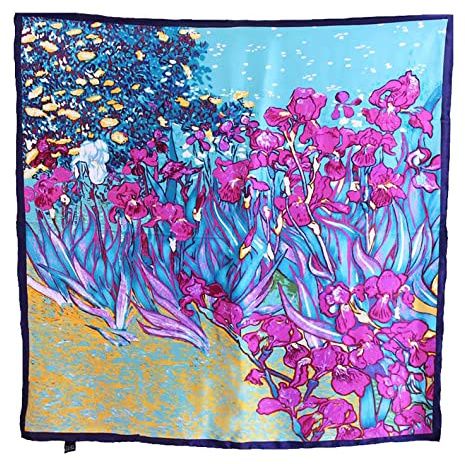 laprée - Foulard Femme Carré de Soie de Haute Qualité Reproduction Tableau 90 * 90cm Roulotté Main - Iris de Vincent Van Gogh