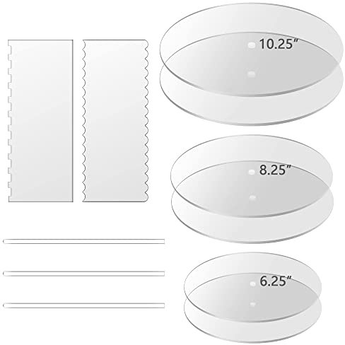 Boyun Acrylic Round Cake Disk Set,Acrylic Cake Discs Set,Comb Scrapers,Dowel Rods,Icing Scraper,Acrylic Scraper Smoother for 3 Tier Cakes (6.25 + 8.25 + 10.25)