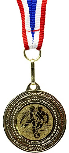 Pokal-Fabrik - Fußball-Medaillen 10er Set Metall - Fussballmedaille golden zum Umhängen für Siegerehrungen - Medaillen Kinder mit blau weiß rotem Band & Emblem für Vereine & Turniere