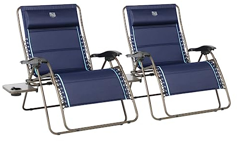 Timber Ridge Oversized Zero Gravity Chair, 33In Wide XXL Zero Gravity Reclining Chair with Side Table, Full Padded Lounge Chair for Outdoor Camping Patio Lawn, Heavy Duty Supports 500lbs, Blue-2 Pack