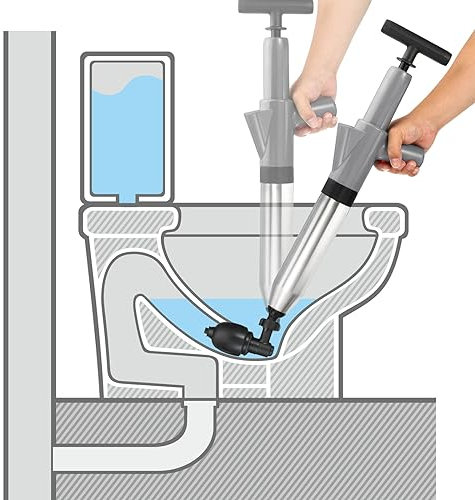 QUARKZMAN Toilette Kolben Hochdruck Luft Abfluss Blaster Kolben Edelstahl Toilette Freisteller Verstopfung Entferner mit 4 Austauschbare Köpfe für Küche Wanne Toilette Bodenabfluss Grau