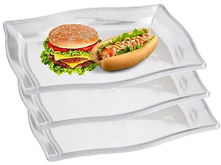 HOMESHOPA Rectangular Serving Platter, 3 Pack Clear Reusable Multi-Use Plastic Plates, Food Serving Tray for Fast Food Snack Fruit Dessert Appetizers, Stackable Kitchen Serving Party Platter, Small