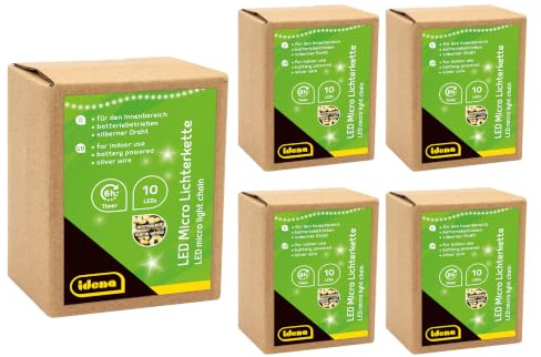 Idena 31114-5 - LED Micro Lichterkette mit 10 LEDs in Warmweiß, 5 Stück, 6 Stunden Timer Funktion, batteriebetrieben, je 1,2 m lang, Deko für Innen, zum Basteln, als Party Deko, Weihnachtsdeko