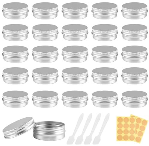 20 Pieces Small Tins with Lids, Round Travel Pots, Empty Cosmetic Containers Pots with Labels and Mini Spatula, Small Tins Jars with Screw Lids for Lip Balm, Sample, Cream Lotion (15ml)