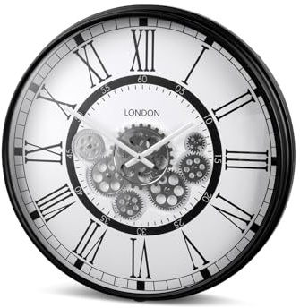 Kremers Schatzkiste Moderne Wanduhr London mit Beweglichen Zahnrädern 54cm, Silber-Schwarz, Metall