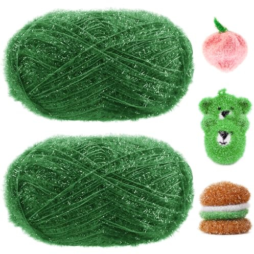 Uiopa Schwammgarn, 200g(2 x 100g, 2 x 200m) Glitzer Crochet Yarn, Flauschige Schwammwolle Garn zum Häkeln Stricken Spültücher Badeschwämme Dekoration DIY Crafts
