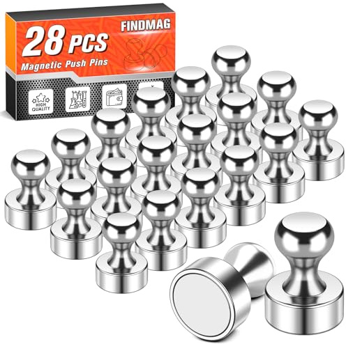 FINDMAG Fridge Magnet, Powerful Small Silver Refrigerator Magnets, Cute Magnetic Push Pins for Adults, Strong Locker Magnets for Whiteboard, Office, Kitchen, Classroom, Photos & Notes, Pack of 28
