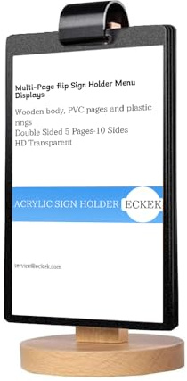 ECKEK Acrylic Sign Holder Multi-Page flip Sign Holder Menu Displays Double Sided 5 Pages-10 Sides, Wood Base Table Top Sign Stand (100*200mm/3.94×7.87 inches)