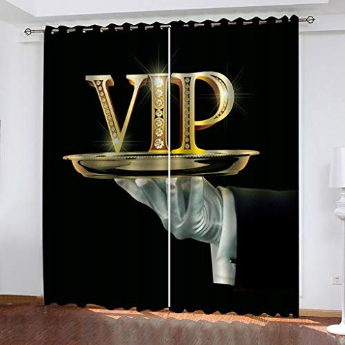 3D Goldenes VIP-Muster Druck Vorhang Blickdicht, Verdunkelungsvorhang Modern Wohnzimmer Schlafzimmer Kinderzimmer, Thermogardine Mit Ösen Verdunklungsvorhänge 2Er Set 270X300cm (HxB)