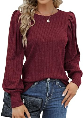 Hotouch Jersey de Mujer Tops con Mangas Abullonadas Ligera Elegante Casual | Jersey Cuello Redondo Manga Larga,Blusa Otoño Invierno