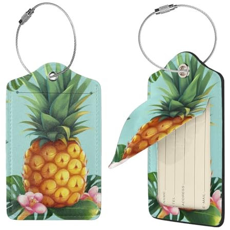 Gepäckanhänger aus PU-Leder für Koffer, tropische Ananas-Gepäckanhänger, Reisetaschen-Etiketten, Sichtschutz, ID-Etikett mit Stahlschlaufen, Kofferanhänger für Damen und Herren