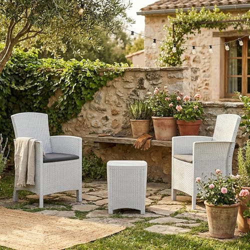Dmora - Lounge-Set für den Außenbereich Jupiter, Gartenset mit Kissen, Lounge-Set für den Innenbereich in Rattan-Optik, 100 % Made in Italy, Weiß