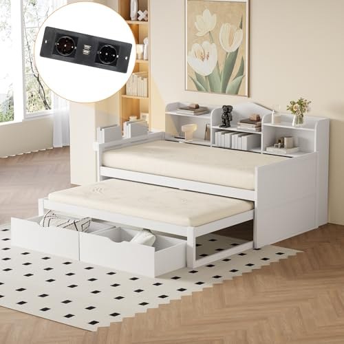 Idemon Sofá cama 90 x 200, cama nido 90 x 190 con dos cajones, gran compartimento de almacenamiento y cesta de almacenamiento, enchufe USB, cama individual de madera, blanco