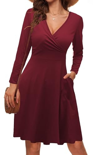 LIAMERHE Vestido Manga Larga Mujer Casual Vestidos Largos Cuello en V Elegante Vestido línea A Otoño Invierno Vestido Estampado con Bolsillos Burdeos XXL