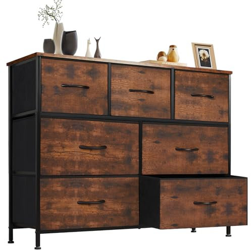 Sweetcrispy Kommode für Schlafzimmer, breite Schublade Kommode, 7 Stoffschubladen mit Griffen, Schrank, TV Stand für Schlafzimmer, Schrank, Wohnzimmer, Kinderzimmer