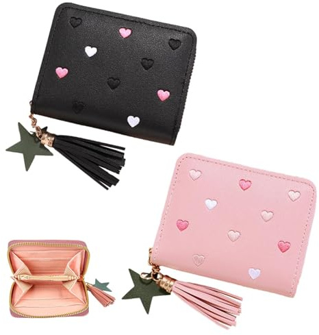 Febbya Portafoglio per Ragazze in Pelle con Cerniera, Carino e Compatto per Carte e Monete, Pratico per Donne e Adolescenti Rosa + Nero 10 * 9 * 2