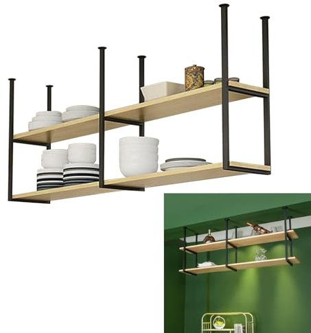 Kitchen Pot Rack/Pan Racks Hanging Shelving Cookware Hanger Storage Shelves Floating Decorations - 2 Tiers Ceiling Shelf with Wine Holder for Bar Home Cellar Restaurant