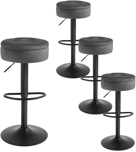 WOLTU Barhocker 4er Set, Sitzhocker mit Stauraum, Hocker höhenverstellbar 360° drehbar, Drehhocker für Kücheninsel Esszimmer Bar Küche Tresen, Samt Metall, Dunkelgrau