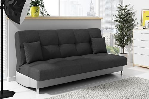 LIKMA Ausziehbar 3 Sitzer Sofa Togo Dunkelgrau + Hellgrau Kunstleder 195x91x85 cm Schlaffunktion Bettzeugbehälter 2 Kissen Sofa mit Bettfunktion Gesteppte Schlafsofa ohne Armlehnen