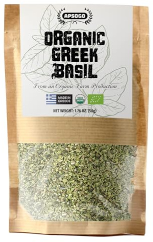 Apsogo Organic Greek Basil – Premium Dried Basil Leaves for Cooking (1.76 oz), Pure Aromatic Herb Seasoning for Pizza Sauce, Pesto & Mediterranean Dishes, Resealable Pouch