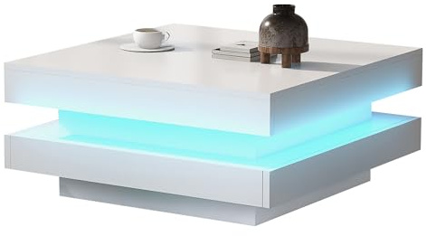 ComfortXL Table Basse Carrée Blanche Laquée avec Plateau Pivotant, Moderne avec LED 16 Couleurs,70x70x36cm