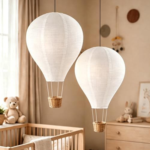 Hot Air Balloon Hanging Lampshades 2PCS,Hot Air Balloon Decorations | Fabric Linen Ceiling Shades for Nursery Child's Room Bedroom & Playroom, Approx. 14 x 22 H, Lampshade Only