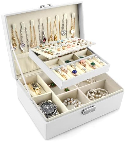 Lacusmall Schmuckbox mit 2 Uhrkissen, 2-lagige Schmuckorganiser mit herausnehmbaren Trennwänden, PU-Leder Schmuckaufbewahrungsbox für Ohrringe, Ringe, Halsketten, Armbänder, Reise-Schmucketui, Weiß