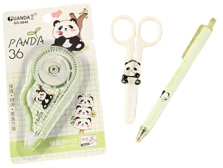 LEMONSTONE Juego de corrección de rodillos de papelería, cinta correctora, bolígrafo y tijeras, juego de papelería de panda, accesorios de escritura para la escuela y la oficina, regalos de fiesta