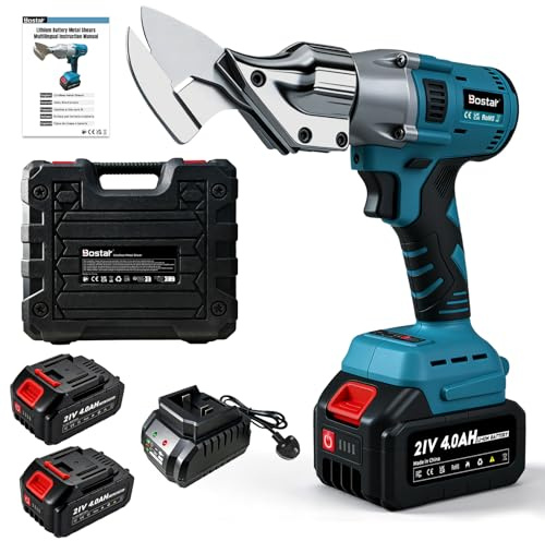 Bostar Brushless Cordless Metal Shears with 2X 4.0Ah Batteries, Electric Sheet Metal Cutter for 1.5mm Iron & 2.0mm Aluminium, 360° Rotating Head (Secure Lock), Compatible with Makita 18V Battery
