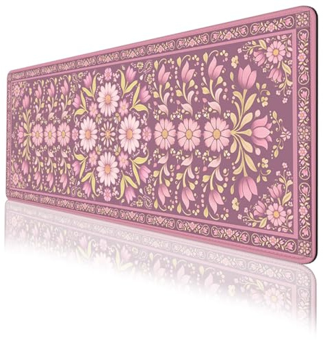 Vintage Pink Flowers Desk Mat 800x300mm Floral Cottage Garden Gaming Desk Mat Waterproof Stitched Edges Rubber Base Non-Slip Deskmap Computer Keyboard Mat Desk Home Office Gaming