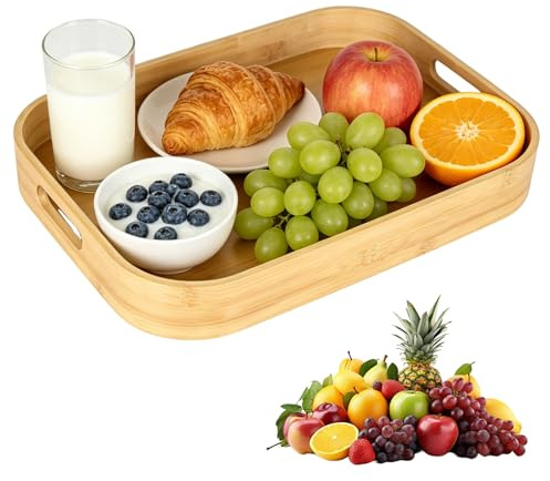 Rzspher 40 * 28 * 5CM Serviertablett Groß Holz Bambus Tablett, Holztablett Rechteckig mit Griffen für Lebensmittel Kaffee Wein Kaffee Tee Obst Mahlzeiten