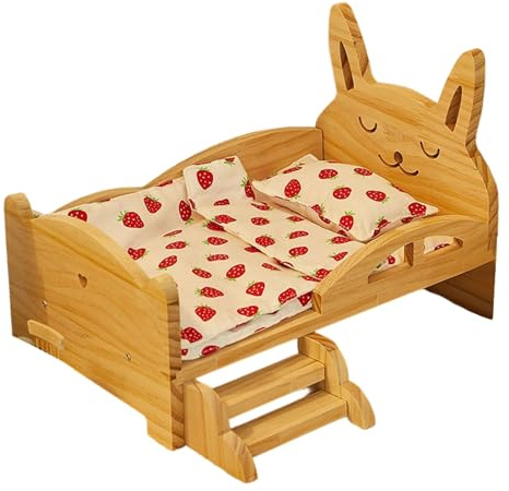hogtnd Holzbett Set mit Ohren und Kissen für 20 cm große Puppen, zum Spielen, schöne Conies Puppenmöbel