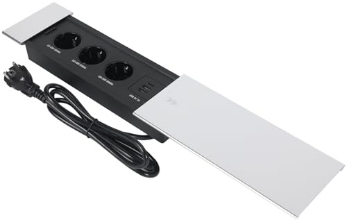 Infällbart uttag, 3 fack med 2 USB A och USB C och skjutbart lock för skrivbord, arbetsbord, matbord, kök (silver, 3 fack)