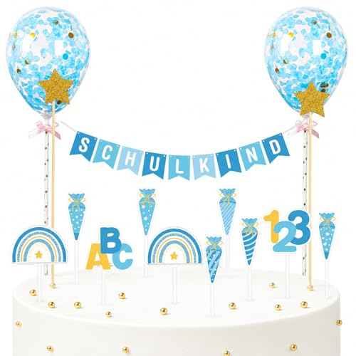 Gleevio 23 Blau Tortendeko Einschulung Junge,Schulkind Cake Topper Girlande | Papier Kuchen Deko Einschulung mit ABC 123 Schultüte Cupcake Deko,Schulkind Tortendeko für 1. Schultag Partydeko