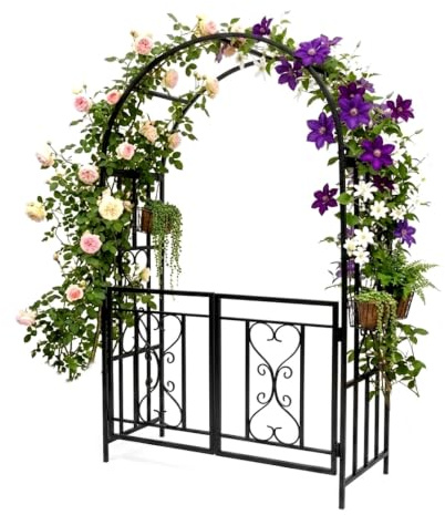 Metall Rosenbogen Mit Tor, Freistehend Gartenbogen 115x210x52cm, Schwerlast Rankhilfe Rankgitter Rankgestel Für Rosen Kletterpflanzen Gartendekoration(Black)