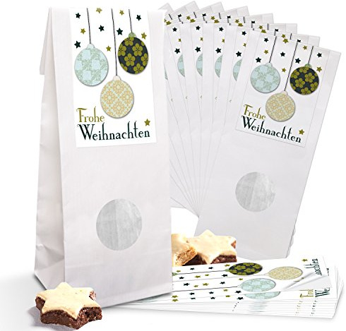 Logbuch-Verlag 25 kleine WEISSE Weihnachten Kekstüten INNEN BESCHICHTET mit FENSTER u. Aufkleber Plätzchentüte Beutel Lebensmittel