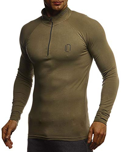 Leif Nelson Gym Jungen Fitness Shirt Trainingsshirt Slim Fit | Männer Bodybuilder Sportshirt Langarm | Jungen Sport T-Shirt Bekleidung für Bodybuilding Training | LN8282 Khaki-Schwarz X-Large
