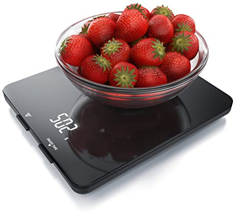 Arendo - Küchenwaage digital mit schwarzer Hochglanz Glasoberfläche - 19 x 16,5 cm - weißes LED Display – 4 mm Glas - Tara Zuwiegefunktion – LED Display - Auto Off