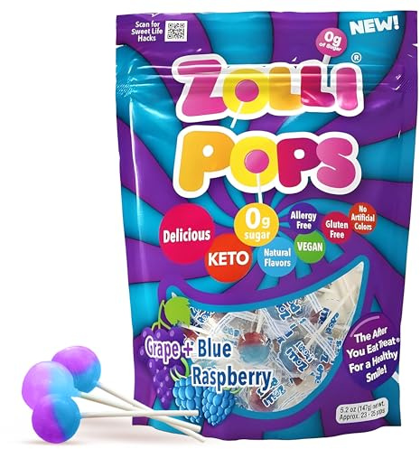 Zollipops Blue Raspberry-Grape Duo Pops, senza zucchero, anallergico, vegano, KETO e diabetico, caramelle naturali per denti puliti