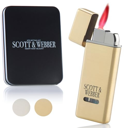 Scott & Webber - Mechero Jet Flame Gas Storm - Encendedor metálico Recargable Ajustable hasta 1300°C - Incluye Caja metálica (Oro Master)