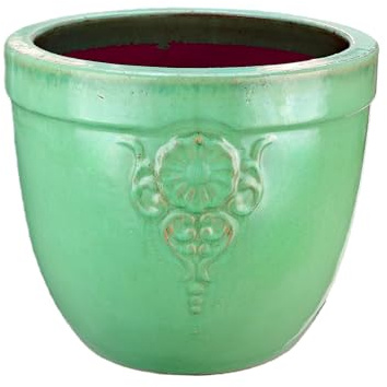 TucanoHamburg Blumentopf/Pflanzgefäß, Glasierter Steinzeugtopf, Modell Blumenemblem in Jade-Grün 32x28cm, frostfest & handgemacht