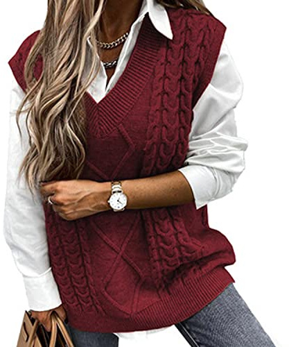 Voqeen Pullover Ärmellos Damen Pullunder Weste Pullunder V-Ausschnitt Pullover Strickweste Winter Herbst Sweater Vest (Weinrot, L)