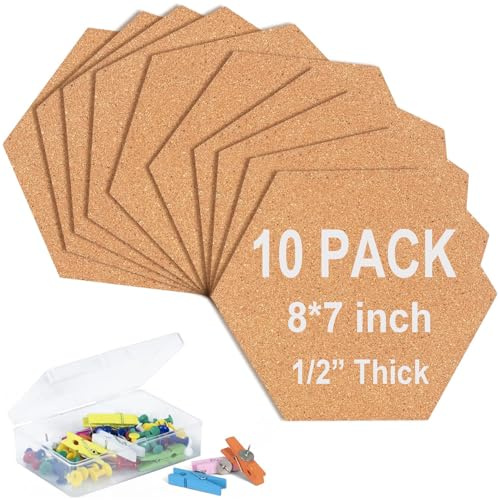 SVOPY 10 Pack Cork Bulletin Board Hexagon - Decorative Display Boards, 1/2 Thick Self-Adhesive Cork Board Tiles for Home Office Decor, School Message Board (10 Pcs)