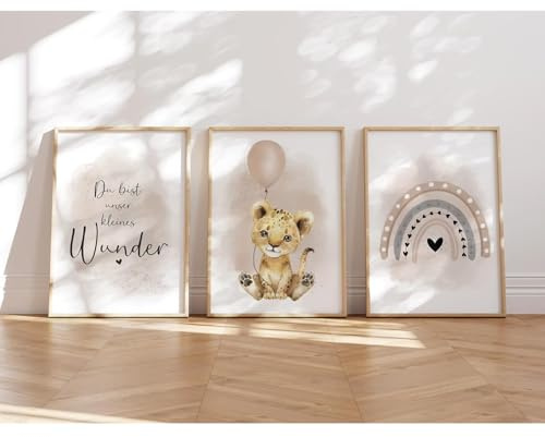 MeinBaby123 I Bilder Kinderzimmer | 3er Poster Set DIN A4 | Wandbilder | Deko Bilder Kinderzimmer Mädchen Junge | Premium Wandposter (Löwe & Luftballon Beige)