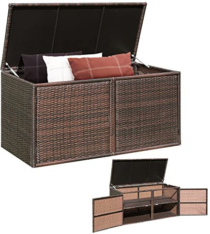 COSTWAY Coffre de Rangement Extérieure en Rotin 335L, Boîte de Rangement avec Couvercle 2 Portes 2 étagères Cadre en Acier, pour Ranger des Outils Jouet Accessoires 115x60x65CM (Marron)