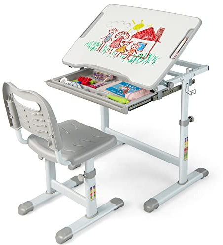COSTWAY Set Escritorio y Silla para Niños, Set Mesa con Altura Regulable para Niños y Superficie Inclinable, Cajón Extraíble, Gancho de Metal, Set de Escritorio y Silla para Niños y Niñas (Gris)