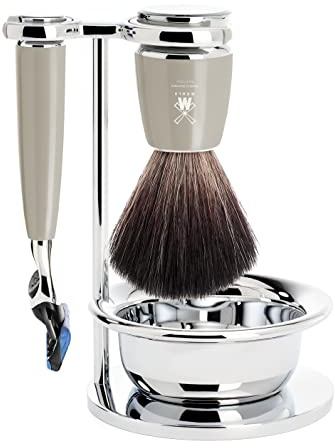 MÜHLE Rytmo 4-tlg. Rasierset mit Systemrasierer, Edelharz-Griff in melange | Nassrasur-Set kompatibel mit Gillette Fusion-Klinge, Pinsel Black Fibre vegan, Halterung, Schale, beige, für Bart und Gesicht