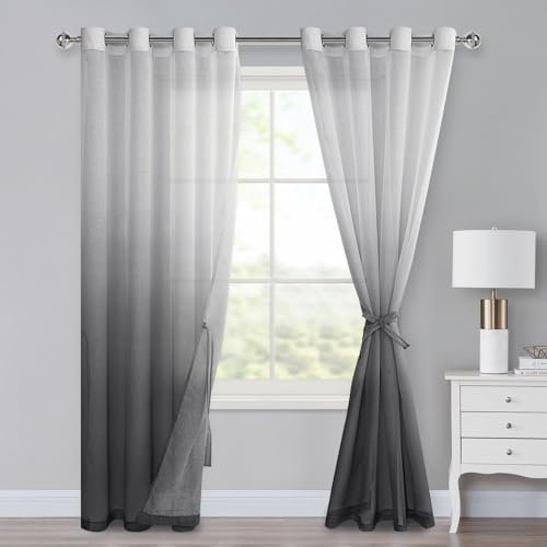 XWZO Voile Gardinen mit Ösen Vorhänge Farbverlauf Vorhang Sheer Ombre Gardinen 2 er Set für Schlafzimmer und Wohnzimmer Schlaufengardinen mit Raffhalter 225 x 140cm (H x B) Grau