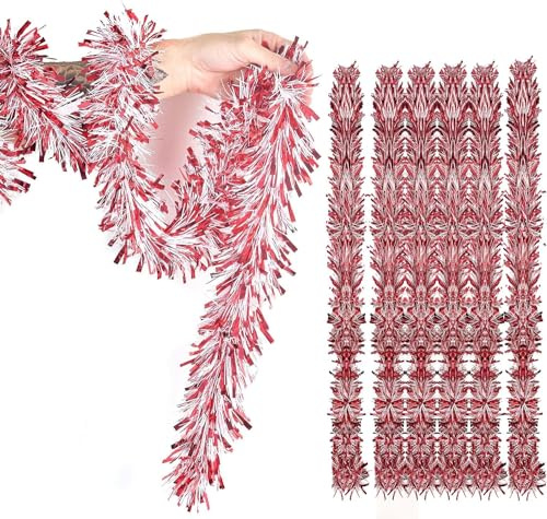 SKYTE® 2m Christmas Tinsels, Red&White Candy Mix Tinsel Garland for Christmas Tree Decoration, Thick & Thin Metallic Chunky Tinsel for Xmas Party Wall Garland Tree Indoor and Outdoor Décor