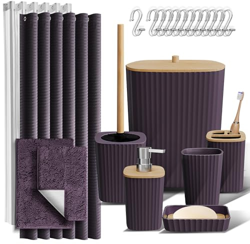 Clara Clark - Set di accessori da bagno, con tenda da doccia, tappeti e cestino, 22 pezzi, colore viola.
